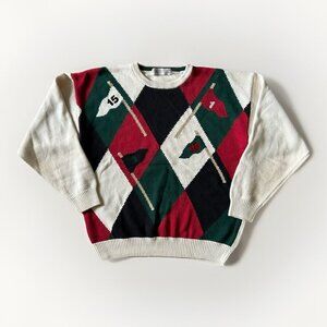 Vintage John Ashford Golf Sweater Men's Size XL Argyle Flag 100% Cotton Thick